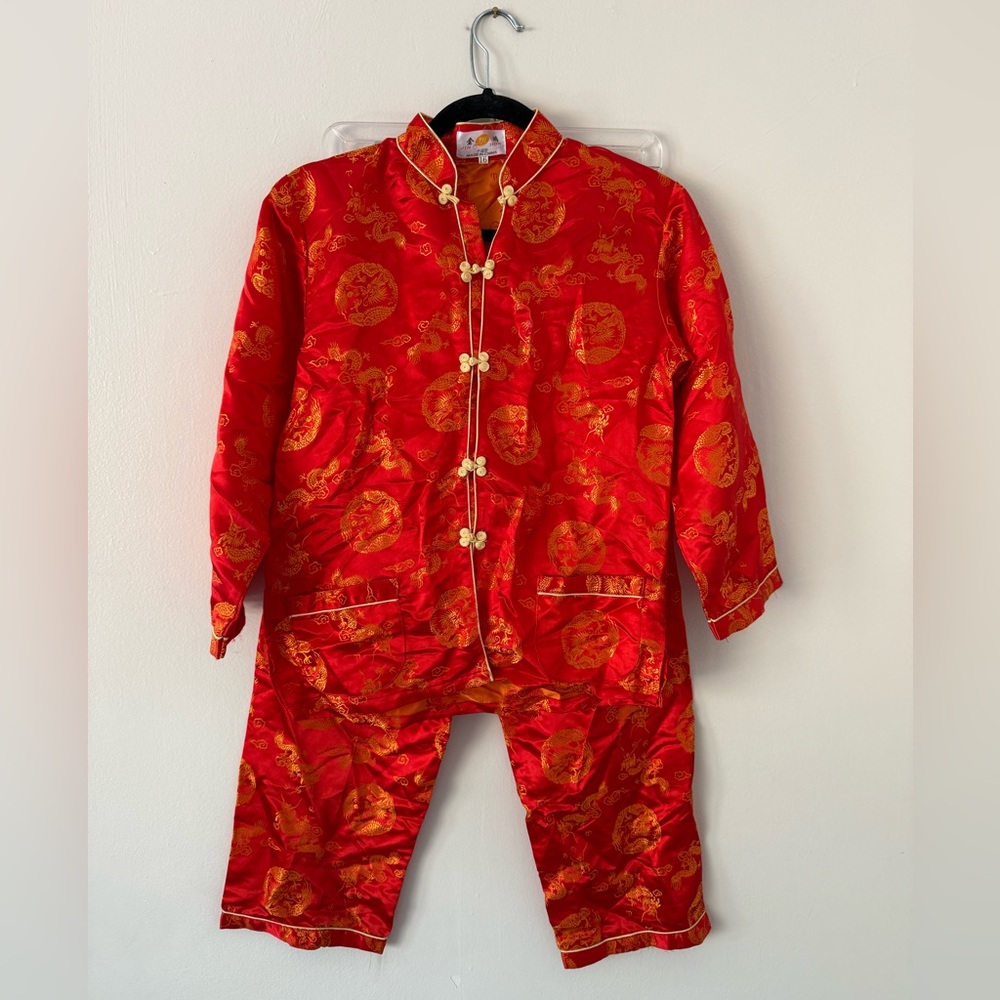 Chinese Traditional 2Pc Set Red Satin & Gold Dragon